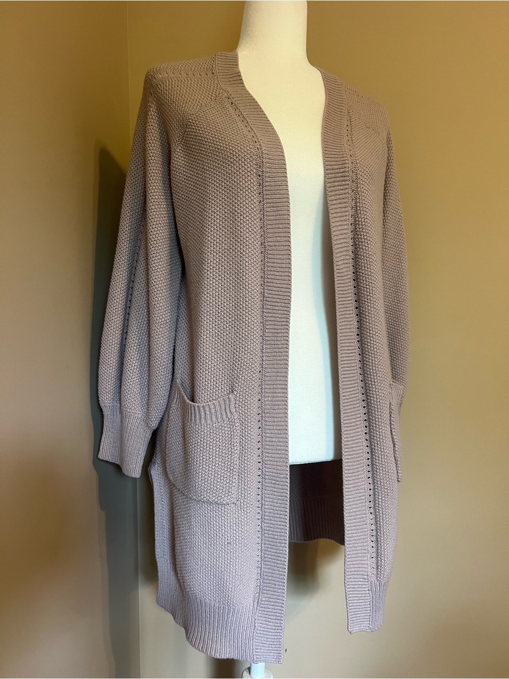 Pink Rose Open-Front Long Cardigan in Dusty Lilac